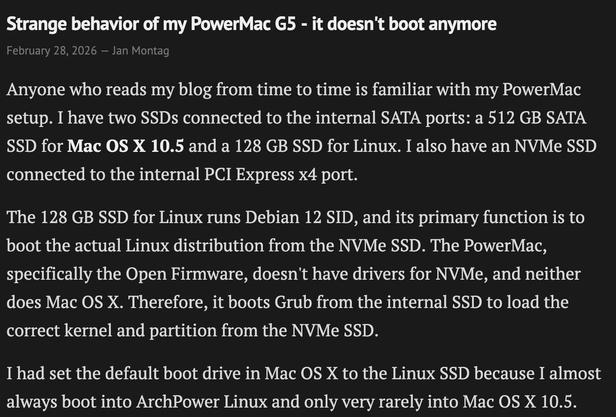 mpc7500v2's tweet image. Strange behavior of my #PowerMacG5 - it doesn't boot anymore
apfelhammer.de/strange-behavi…

#MacOSX #PowerPC #PPC970