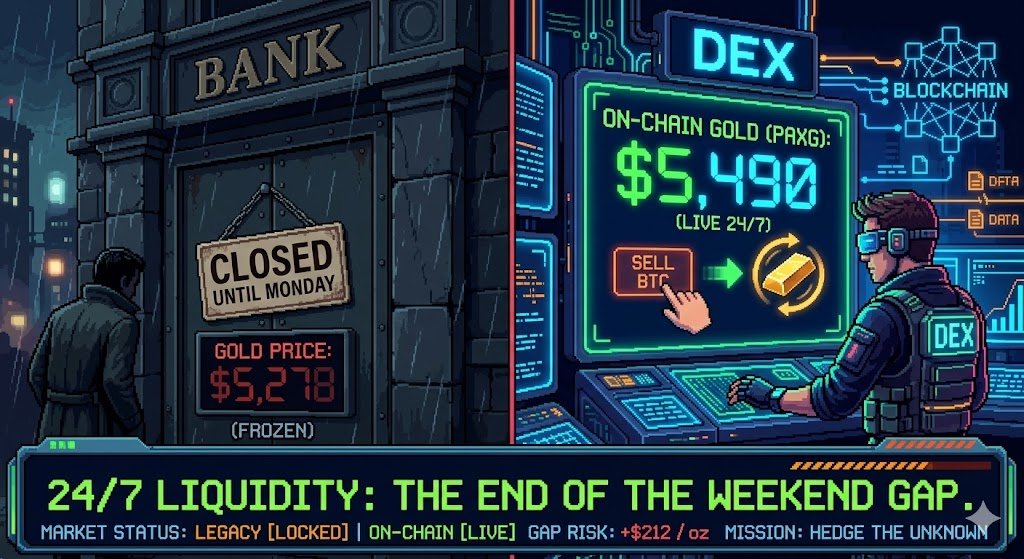 Traditional gold traders are currently staring at a "frozen" $5,230 screen while the world goes to war. 

Meanwhile, tokenized gold just blasted past $5,490 on-chain. If you’re holding paper gold, you’re stuck for 34 more hours watching the Middle East ignite without a way to