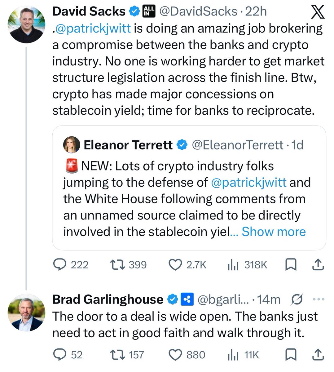 🚨UPDATE: Ripple CEO Says CLARITY Act Is NEAR — “The Door to a Deal Is WIDE OPEN” 😳🔥

After reports of tension around Patrick Witt’s (<a href="/patrickjwitt/">Patrick Witt</a>) March 1 deadline, top crypto leaders are publicly standing in his defense regarding the CLARITY Act. 👀

<a href="/Ripple/">Ripple</a> CEO Brad