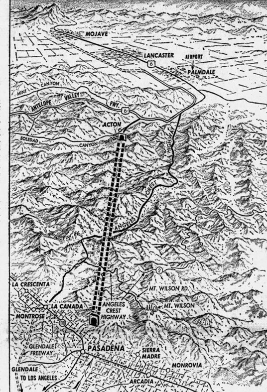 la_dorkout's tweet photo. Imagine continuing on the 2 Fwy north of Glendale &amp; reaching Antelope Valley in 20 minutes.

A tunnel route for cars AND rail under the San Gabriels was proposed in the '60s but woulda cost $10 billion (in today's $'s). It was also billed as an escape route if Russians attacked. https://t.co/8SYClrMGyK