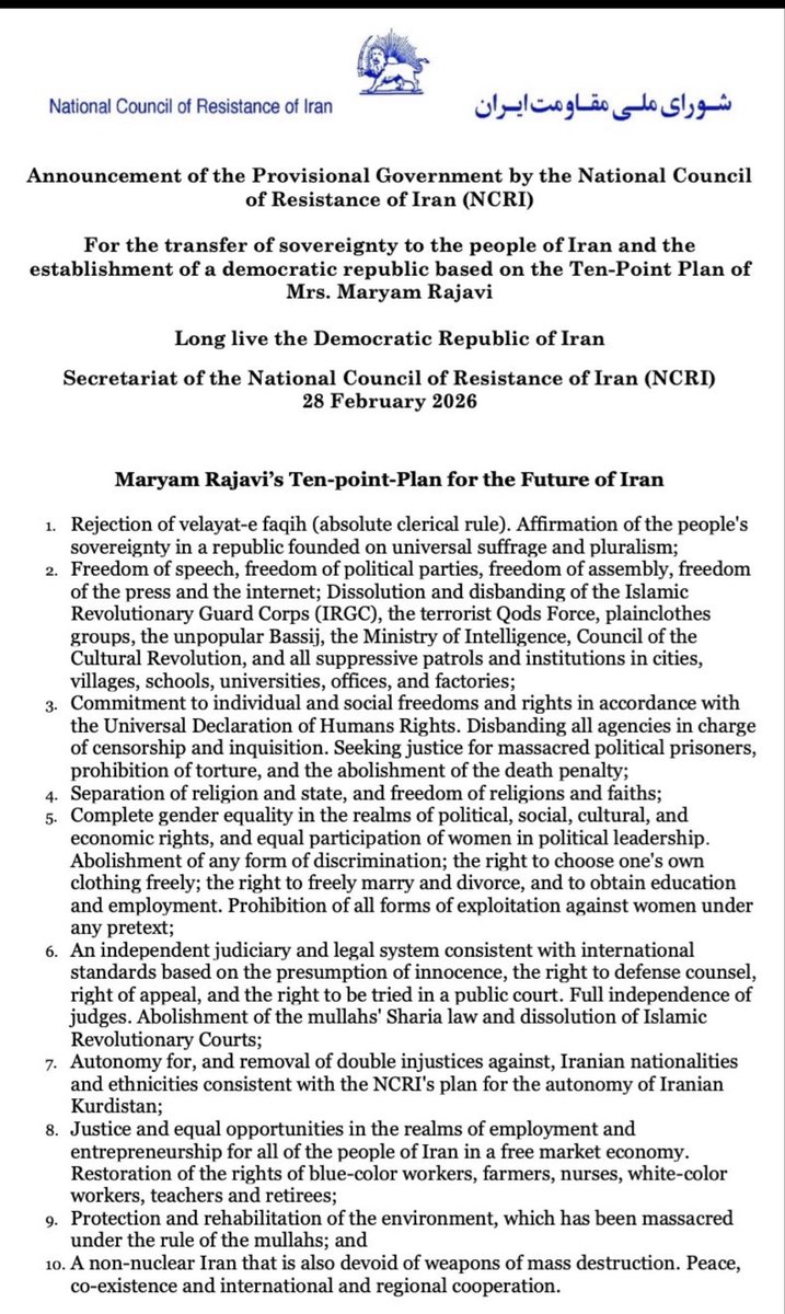 <a href="/Mike_Pence/">Mike Pence</a> The NCRI has issued a Declaration for a Transitional Government to transfer sovereignty to the people of Iran and establish a democratic republic, based on Maryam Rajavi’s Ten-Point Plan.
#NCRIAlternative #FreeIran10PointPlan