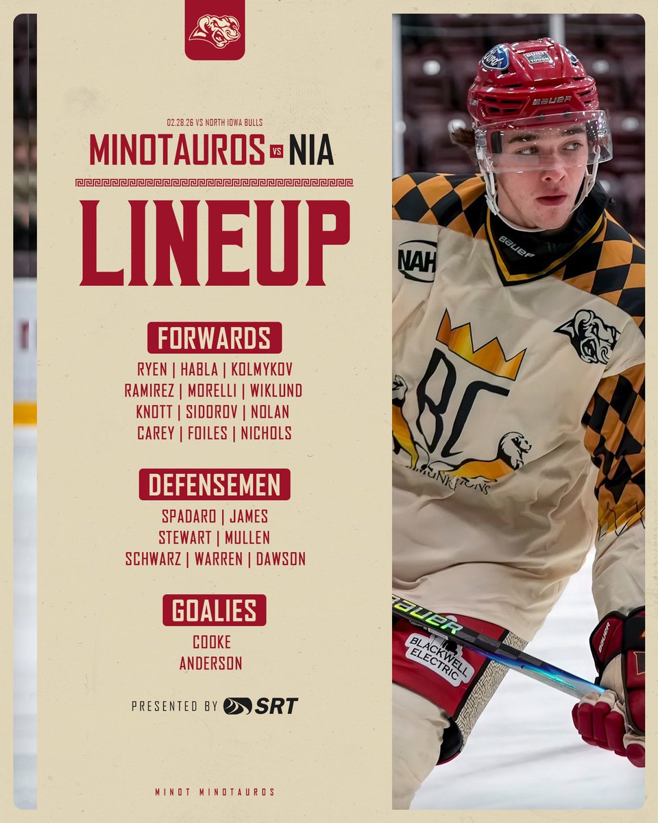 MinotauroHockey's tweet photo. Here's your Saturday night SRT starting lines! 

#ChargeAhead https://t.co/7P2efQa6JQ