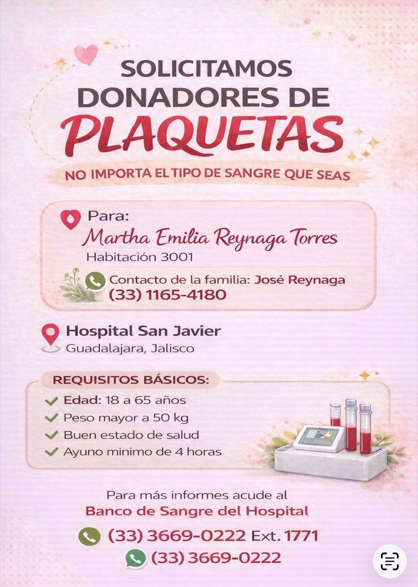 donaenvida's tweet photo. #URGENTE #Guadalajara #Jalisco #Plaquetas de cualquier tipo de sangre para Martha Emilia Reynaga Torres, en el Hospital San Javier.
Contactar al: 331 165 4180 con José Reynaga.

#DonaEnVida #TuSangreEsVida https://t.co/Nxvt4OCIVu