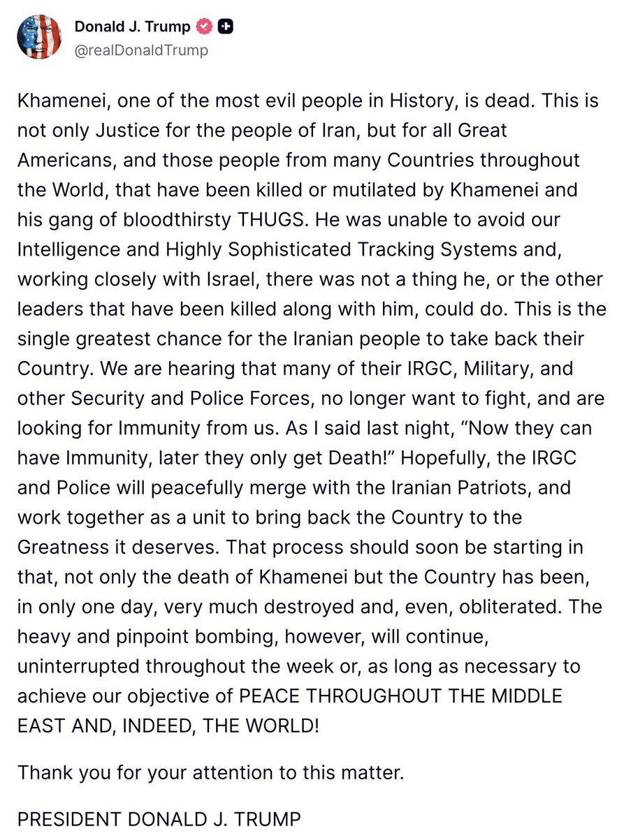 Breaking911's tweet photo. 🚨 🚨 TRUMP: Khamenei, one of the most evil people in history, is dead. https://t.co/PSa2uJ6pNo
