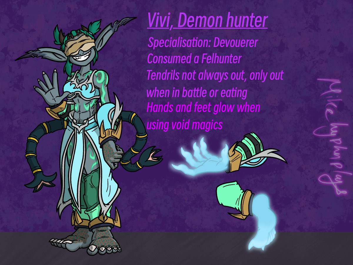 MrCreatorGuy's tweet photo. I did an art of my new Devourer demon hunter Vivi! I was just gonna do the demon form but then I thought about doing a sorta ref/fact sheet for her too! 😅 hope you like it!

#warcraft #nightelf #demonhunter #devourer https://t.co/N2Nggxuoua