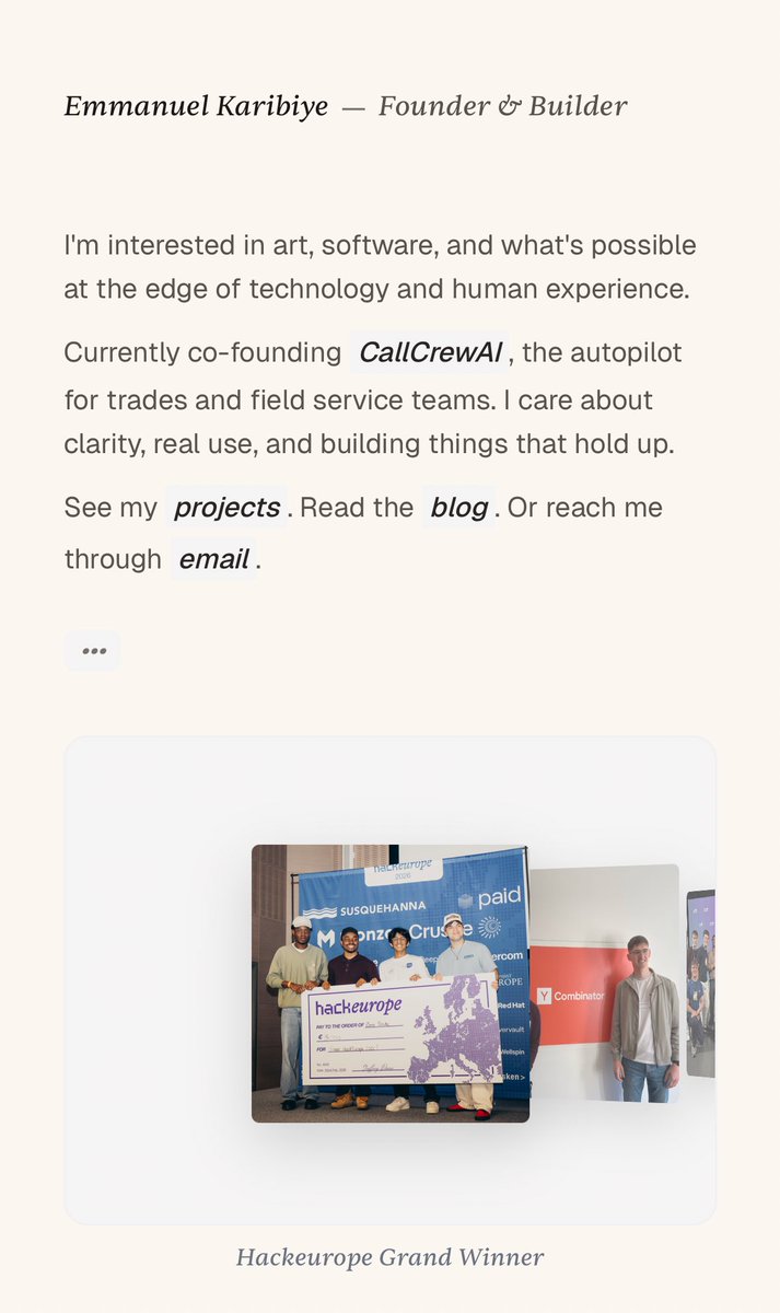 manny_karibiye's tweet photo. Wrote a new blog post today. It's called "Tell Me The Truth."

It's about clarity, why I've become borderline obsessed with it. As a way to actually learn hard things. As the only way AI tools are genuinely useful rather than confidently misleading. And as the thing I value most in human relations: more than enthusiasm and more than polish.

Give it a read if that sounds like something you think about. https://t.co/be2VDmMUrV

Separately, I redesigned my website. Went for a more minimalistic look. Felt like the right move.

#clarity #blog