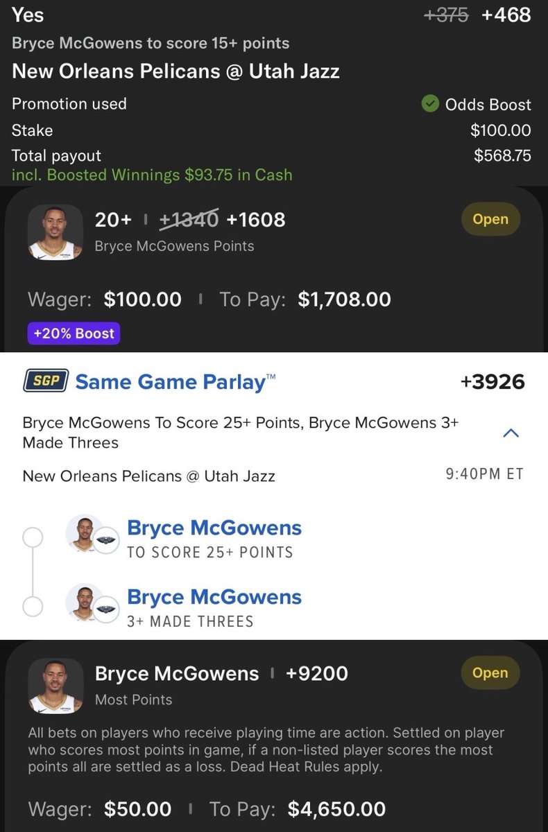 Smacked a +525 and +4000 last night here on twitter, let’s do it again 😈

$300 🔜 $8,940📈

Why I’m taking the OTHER Bryce in Utah tonight👇

Jazz full tank mode, and allowing 2nd most points and 4th most 3s to SF in the last 7

Bryce without Trey and Dejounte has played 6