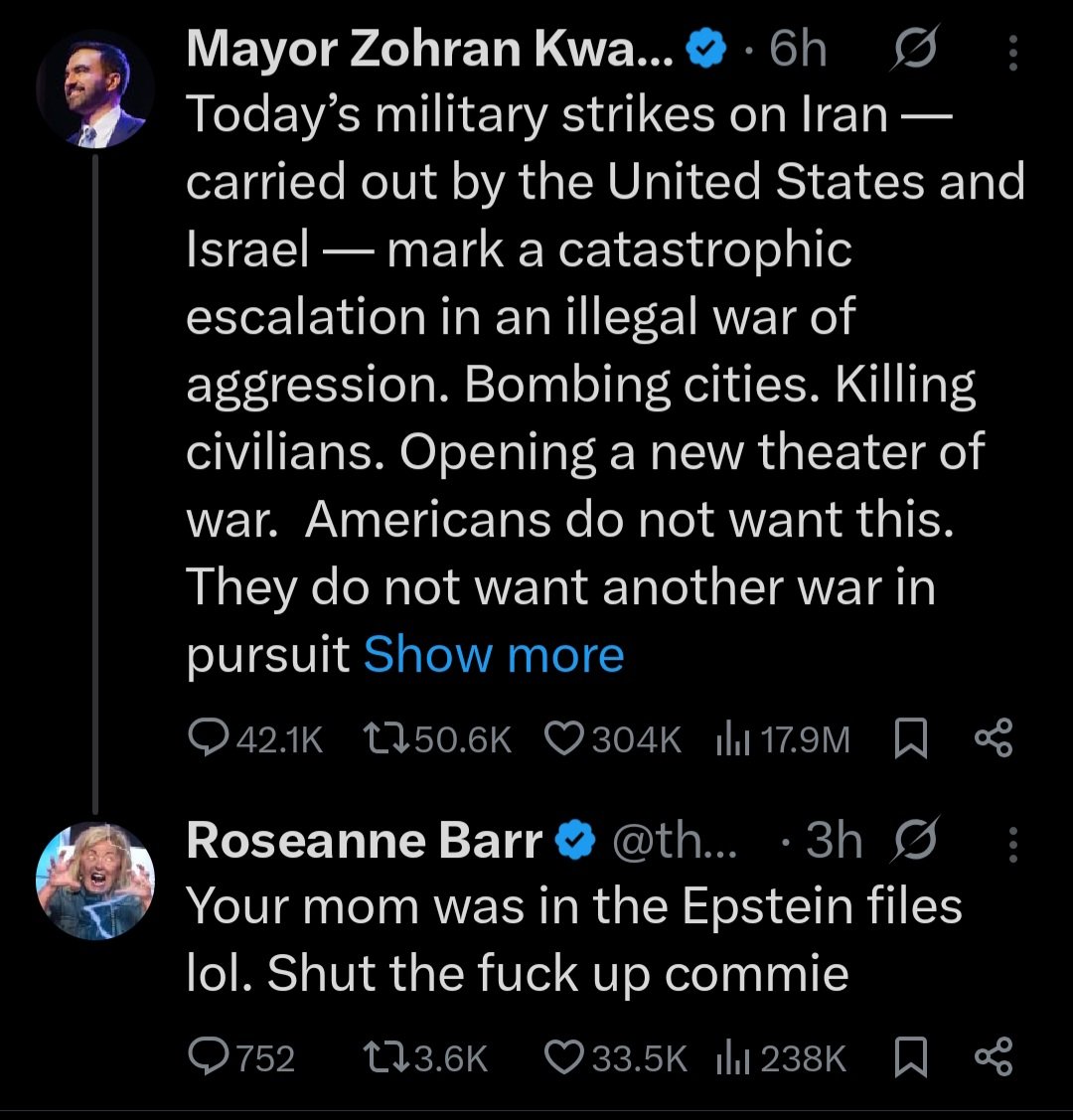 I can't stop laughing. Roseanne gives zero f*cks, and I really don't blame her.

<a href="/TrashDiscourse/">TrashDiscourse</a> <a href="/wcdispatch/">Walter Curt</a> in case you fellas missed her trolling Mamdani 💀