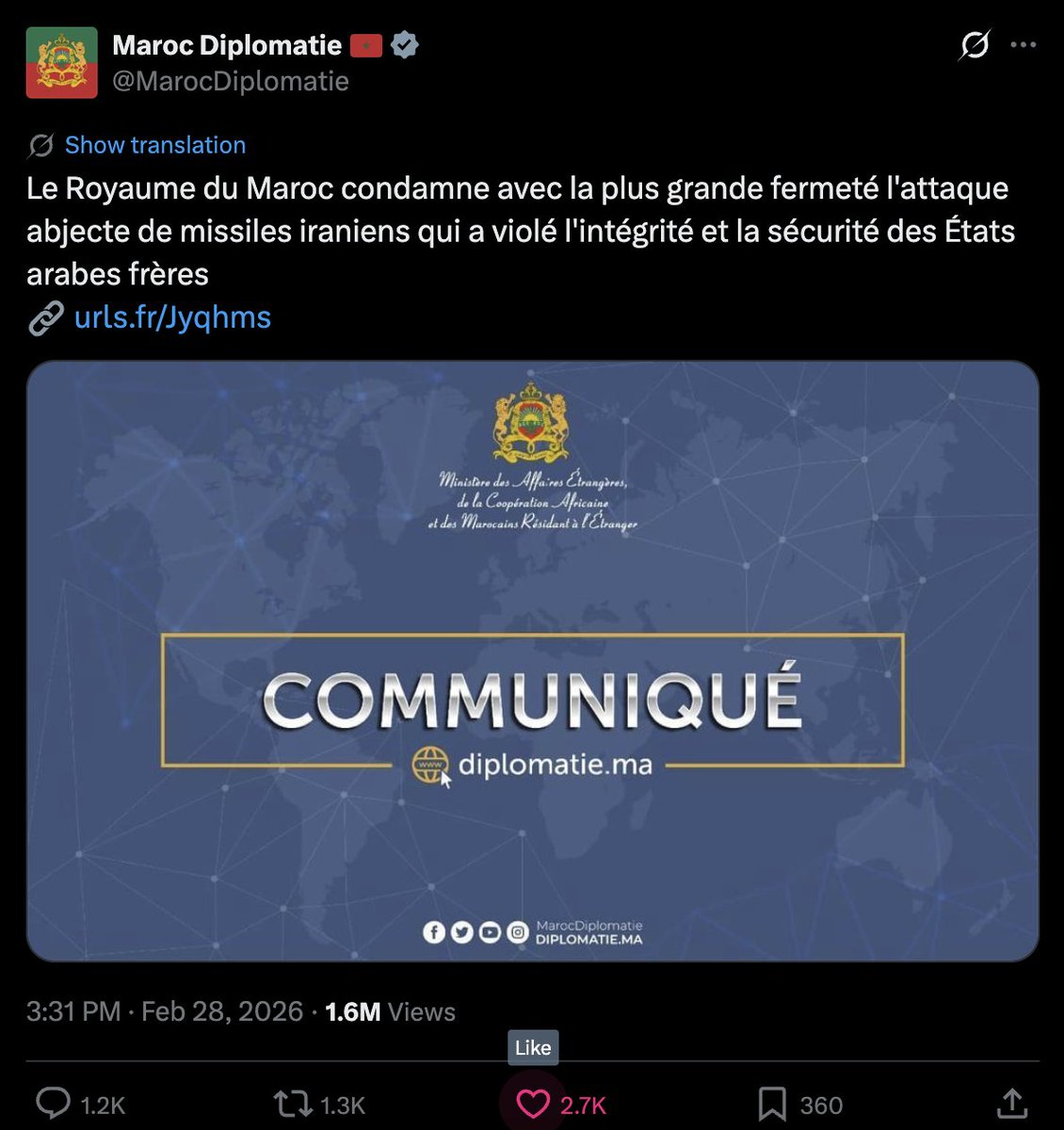 saharapolicy's tweet photo. La Palestine a condamné les attaques iraniennes contre les nations arabes sœurs. Le Maroc aussi.
Communiqués quasi identiques. Même position. Même date.
La Palestine : 108 likes, couverture nulle. Le Maroc : 2,7K likes, 1,6M de vues — et une haine déchaînée.
Votre problème n'est pas la position. Votre problème, c'est le Maroc.