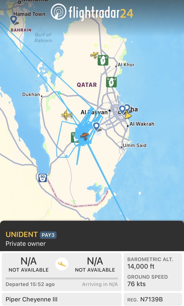 vichispeaks's tweet photo. Some weird activity in the skies over #Doha now. A Cessna and a Piper Cheyenne appear to have been in the air for 10+ hours. The Cheyenne's registered owner is a LLC in a Brooklyn strip mall. The Cessna's registered owner is a plumber in Wisconsin. #EpicFury https://t.co/aEdxUIogPz