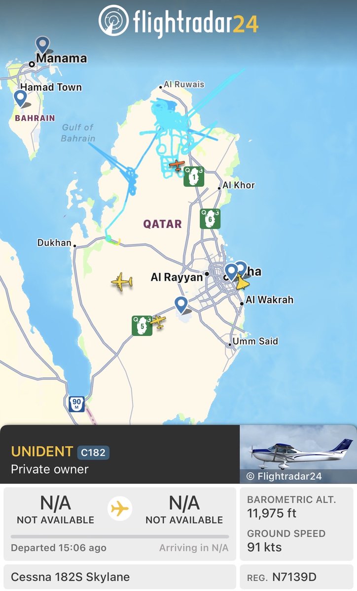 vichispeaks's tweet photo. Some weird activity in the skies over #Doha now. A Cessna and a Piper Cheyenne appear to have been in the air for 10+ hours. The Cheyenne's registered owner is a LLC in a Brooklyn strip mall. The Cessna's registered owner is a plumber in Wisconsin. #EpicFury https://t.co/aEdxUIogPz