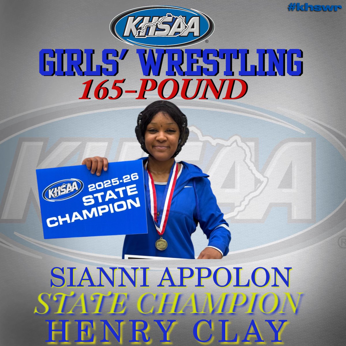 khsaaevents's tweet photo. Congratulations to Sianni Appolon of Henry Clay on winning the title in the 165-pound weight division at the 2026 KHSAA Girls' State Wrestling Championships presented by UK HealthCare. #khswr https://t.co/pdxU8re1Sz