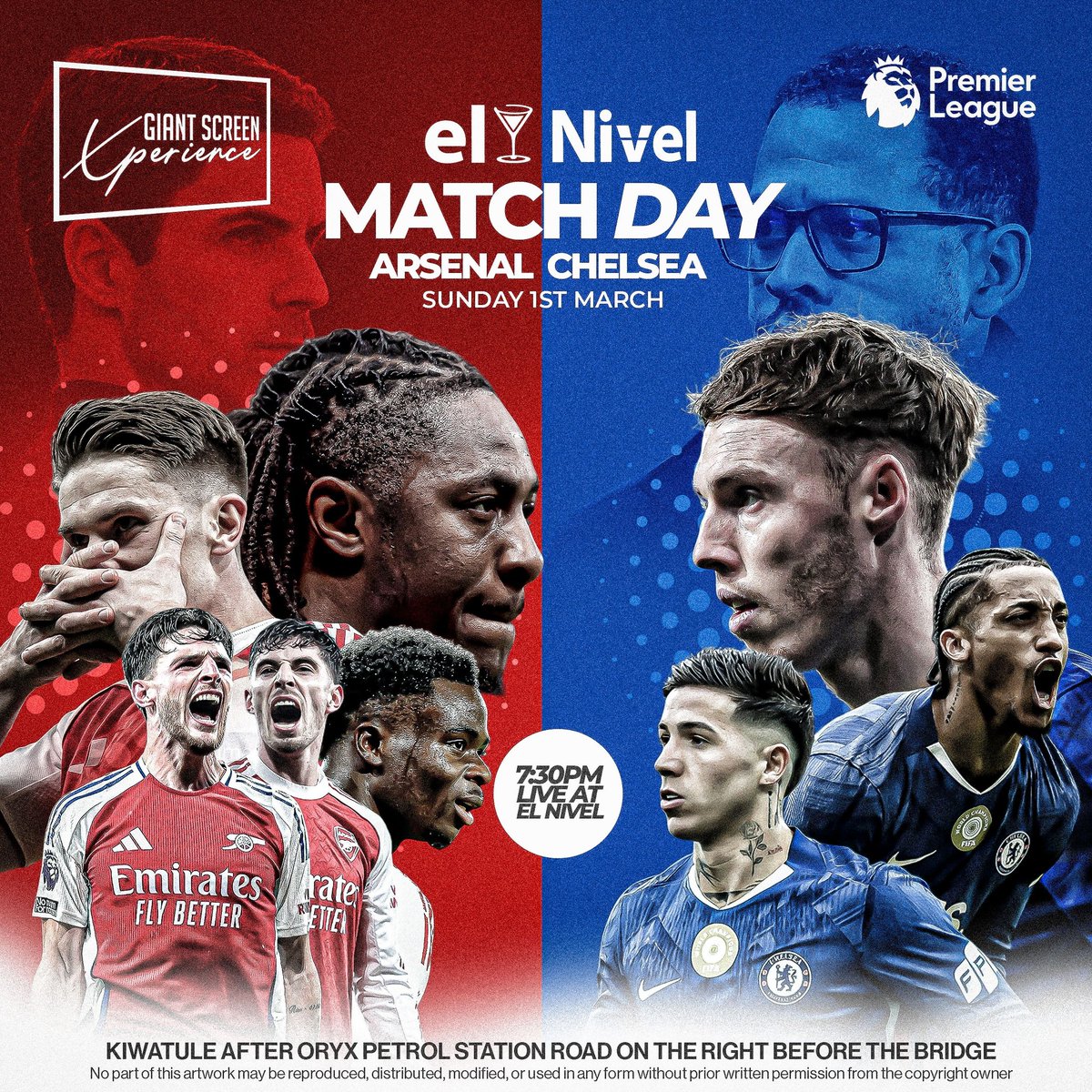 The North vs. West showdown is finally here! 

​Arsenal 🆚 Chelsea
Tonight, we’re watching it the way it was meant to be seen: on the GIANT SCREEN at El Nivel.

​🕒 7:30 PM

 Kiwatule, just after Oryx Petrol Station.

​Who’s taking the 3 points? 
​#ARSCHE #PremierLeague #elNivel
