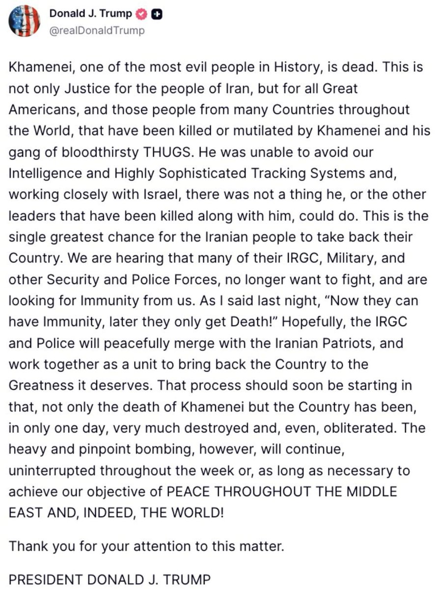 BREAKING: Trump post about the killing of Iran's Supreme Leader