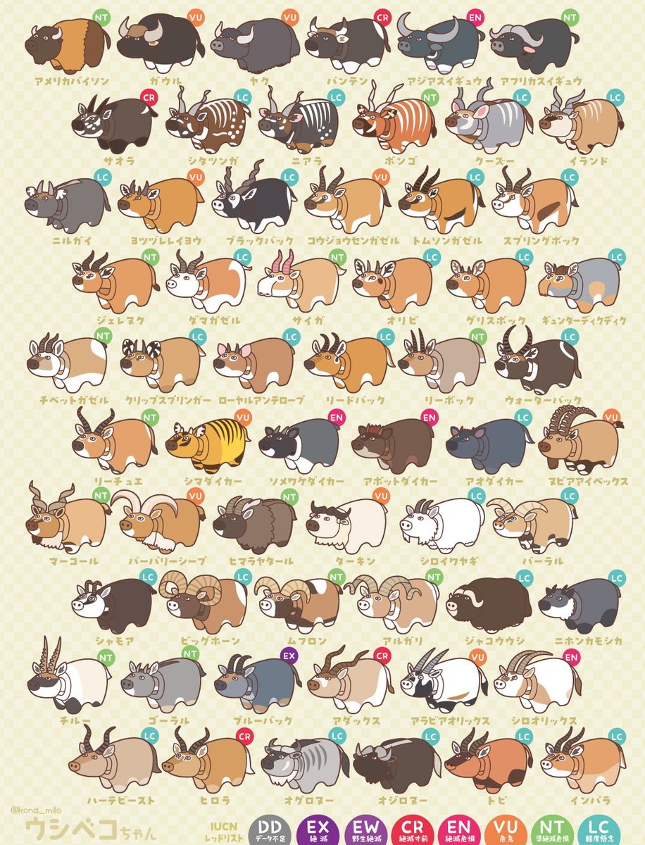 kona_milo's tweet photo. ウシ科の動物たちを、ひたすら赤べこフォルムで描きました。 https://t.co/YgGPXBGlgi