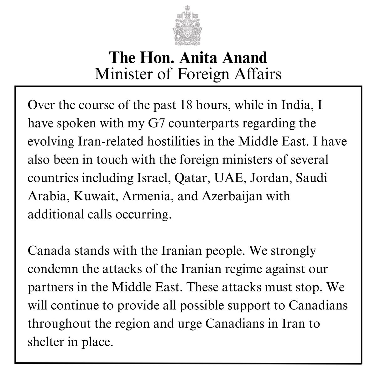 Please see my statement on my recent engagements regarding Iran-related hostilities in the Middle East: