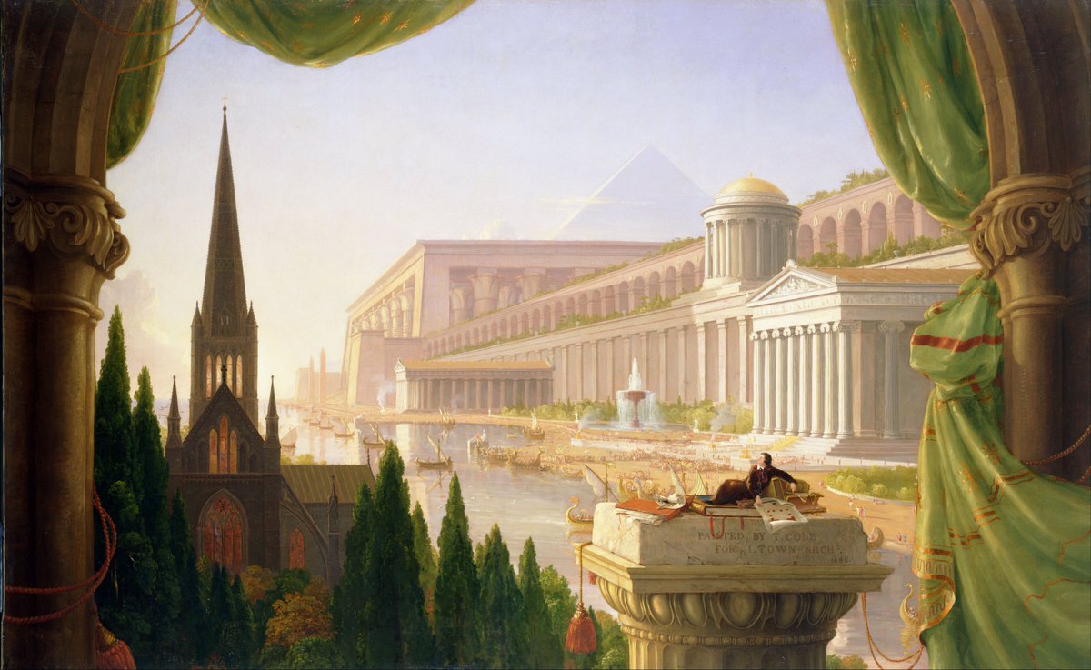 akihito_aoi's tweet photo. 19世紀的歴史主義historicismの話をするとき思い出すのがこの絵 Thomas Cole, The Architect's Dream 1840　(1)歴史＝進歩の風景画的配置、しかし(2)見通しの良さより視界が埋まる閉塞、(3)未知の近代を歴史的知識で考える態度の行き詰まり。

ノート（図像学的な読みと背景的思潮を照らし合わせながら）：

1 構図・・奥から手前への時間の流れ＝進化系統樹の風景画的再配置だが、見通しの良さより詰め込まれたオブジェクトによる視界の閉塞に特徴。堆積的な行き詰まりを感じさせる。

2 同時代のアメリカの思潮的背景・・文明不安。大規模文明の勃興・衰退・廃墟というサイクルに関心。エジプト〜ローマの自律的膨張が光を浴びて背景をなす。川に近接した位置にはギリシア＝小規模の調和、ゴシック＝中世主義。こうした文明史の全貌に暴露された建築家（アメリカを建設する者）＊コールは英国生まれのアメリカ人。

3 建築の歴史主義（妄想）・・・登場人物はおそらく夢のなかで目覚めた瞬間の建築家自身（目覚めたつもりが夢のなか、であろう）。ここからは妄想だが、描かれたメジャーな建築様式のあいだから、19世紀を通じてとめどなく細部化された世界の諸様式（＝ある種の妄想）がうじょうじょ這い出してくるのを予感させる。閉塞的構図ゆえの隙間からの侵食の予兆。

新しい事態（産業革命、市民革命、アメリカという壮大な新共和国の膨張、・・・）が生み出してしまう想像力への過剰な負荷増大と、それを歴史によって埋め合わせようとする思考空間。その生産性と閉塞と自壊の予兆。