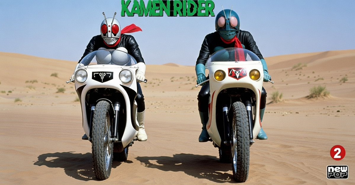 2つの宇宙の交流「特撮と漫画」 砂漠でバイクに乗っている仮面