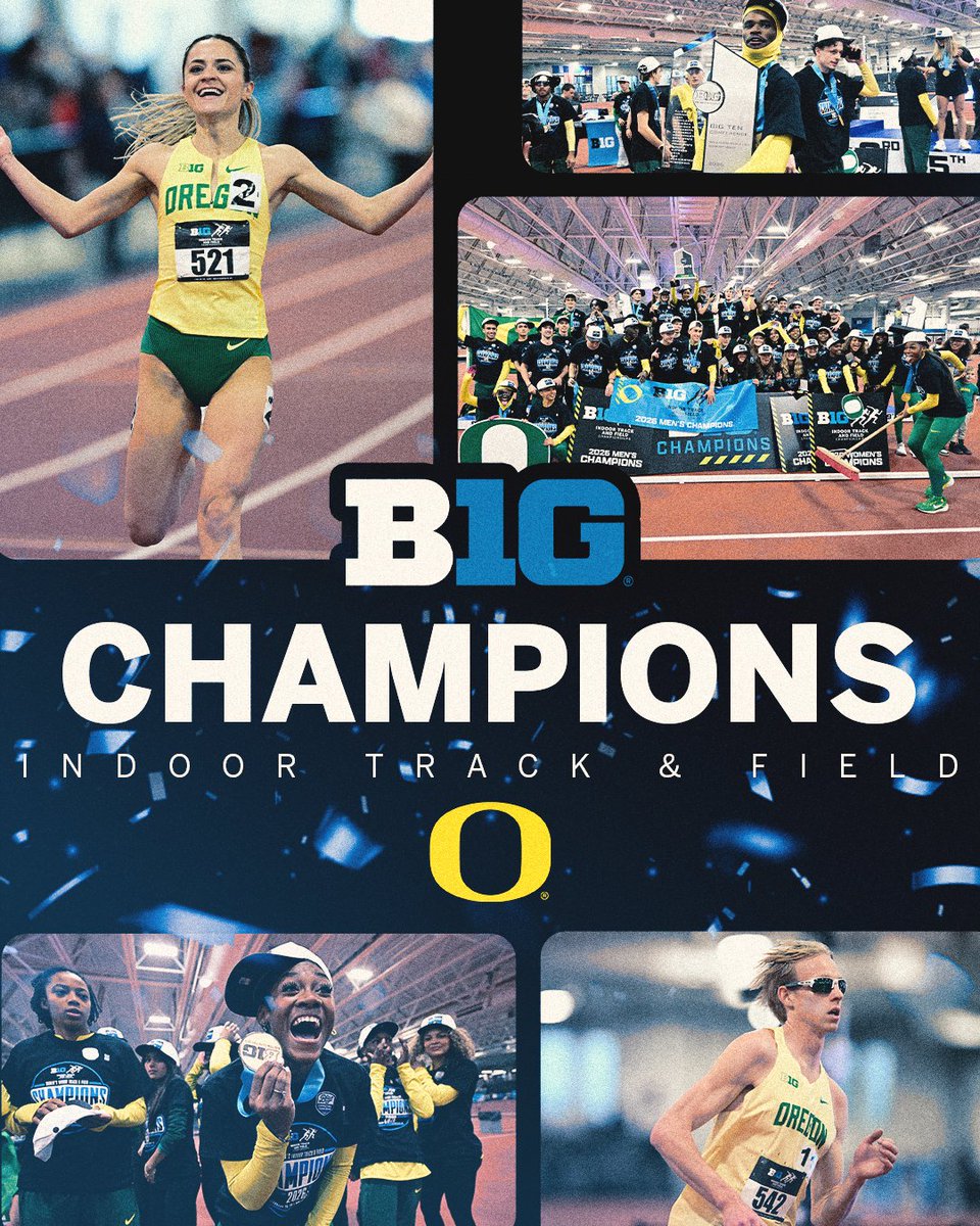 bigten's tweet photo. BACK. TO. BACK. BROOMS. 🏆 @OregonTF repeats its sweep as Big Ten Women's AND Men's Indoor Track and Field Champions 🧹 https://t.co/plrjiCtkyn