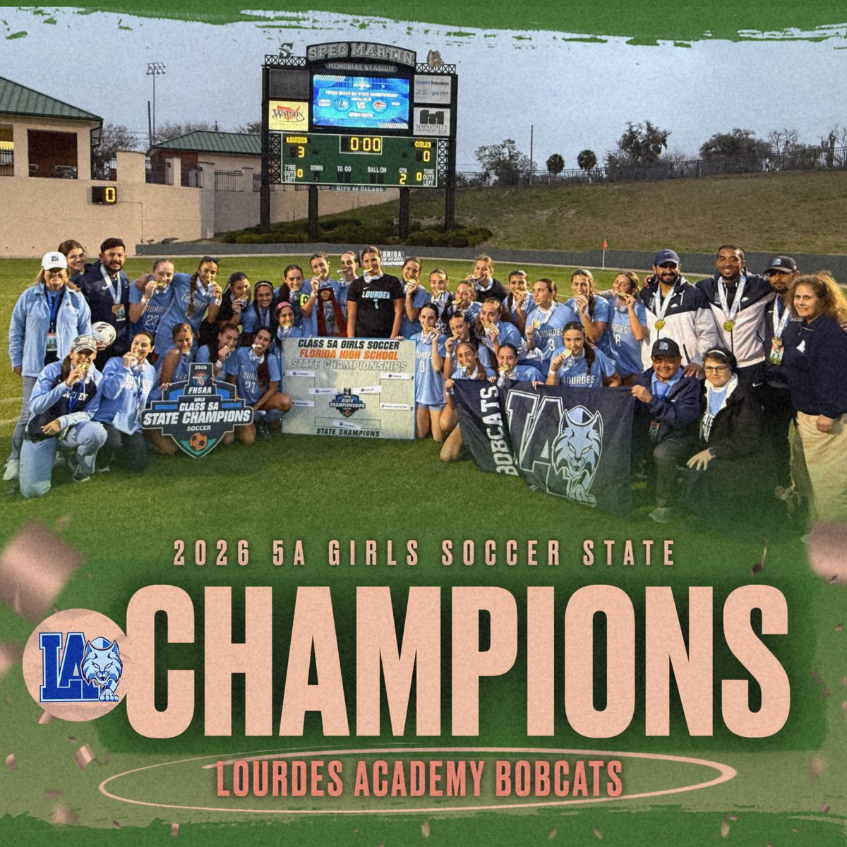 FHSAA's tweet photo. 🏆⚽️🥇 Congratulations to the Lourdes Academy Bobcats, the 2026 #FHSAA 5A Girls Soccer State Champions! 🎉🙌 What a season and an incredible achievement for the Bobcats!
#FHSAASoccerStateChampions #Class5A https://t.co/wyPxscj3Ig