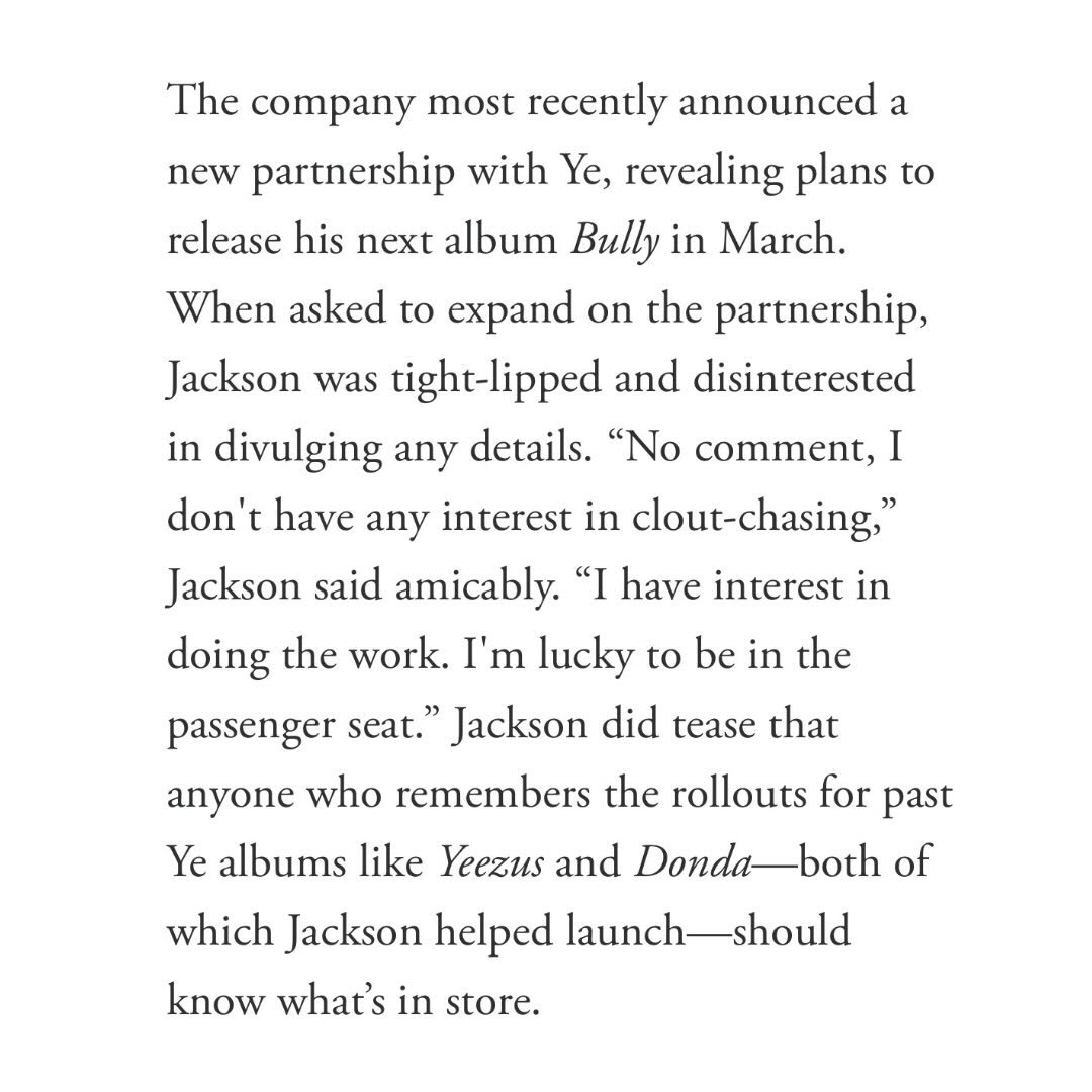Kurrco's tweet photo. Larry Jackson, founder of gamma., speaks on the partnership with Ye for 'BULLY' and hints at what to expect 👀

"Jackson did tease that anyone who remembers the rollouts for past Ye albums like Yeezus and Donda — both of which Jackson helped launch — should know what's in store." (via GQ)
