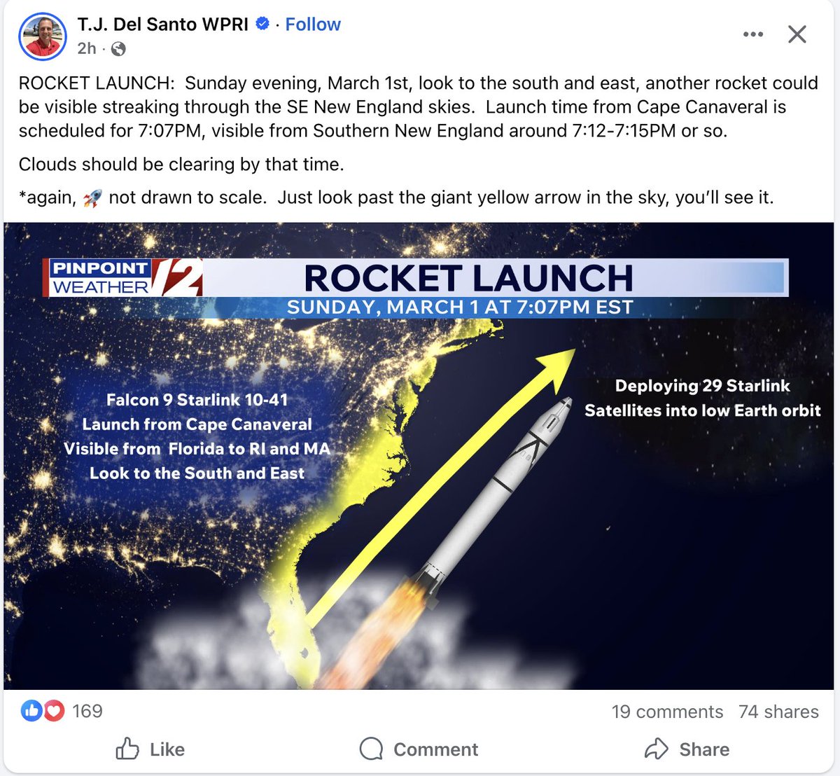 ColinNagle's tweet photo. Helluva time to be launching rockets over the US. Read the room, Starlink! https://t.co/nYSaNFN58f