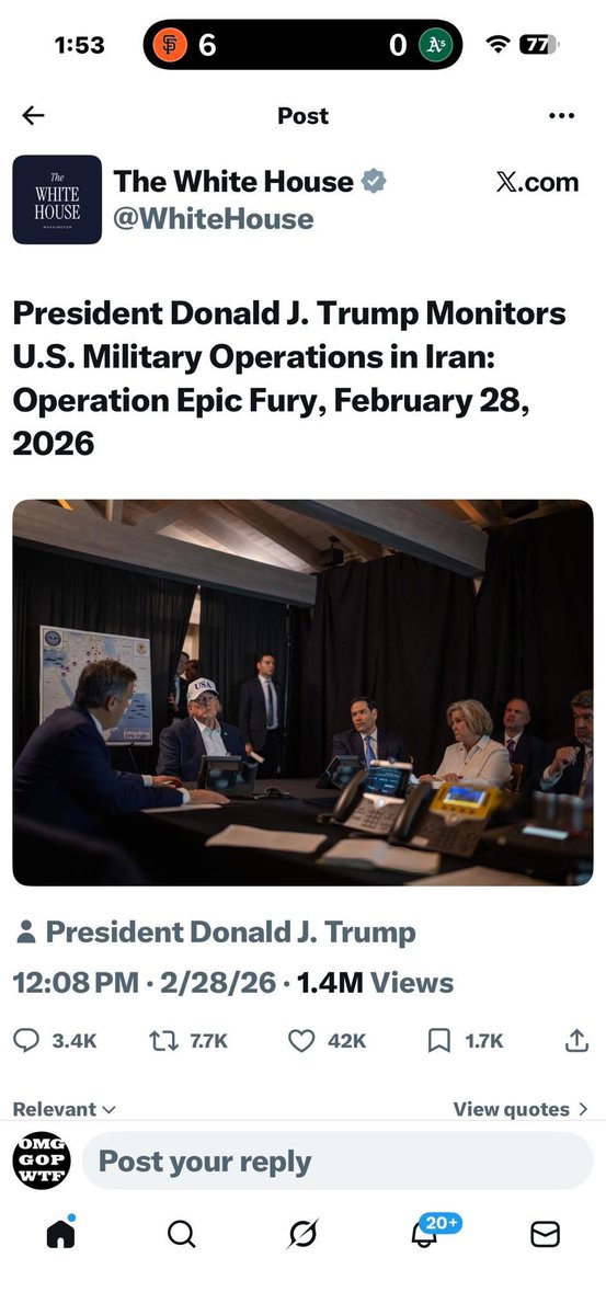 While our American military risks their lives  in a war with Iran that trump just started, the WH press account shows trump asleep at Mar A Lago with a black curtain up for a meeting that is supposed to be in a SCIF

And if you look at the board behind these IDIOTS you’ll see it