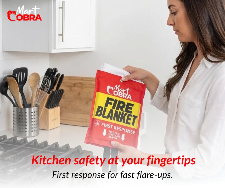 Did you know the kitchen is the most common place for home fires? 🍳🔥 Keep the Mart Cobra Fire Blanket within arm's reach.

Just PULL the tabs to release and COVER the flames to smother a fire in seconds. 🛡️