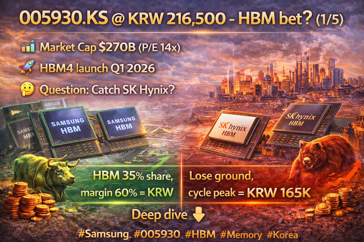 prettypek4531's tweet photo. 005930.KS @ KRW 216,500 - HBM bet? (1/5)

📊 Market Cap $270B (P/E 14x)
🚀 HBM4 launch Q1 2026
🤔 Question: Catch SK Hynix?

🐂 HBM 35% share, margin 60% = KRW 260K
🐻 Lose ground, cycle peak = KRW 165K

Deep dive 👇
#Samsung #005930 #HBM #Memory #Korea https://t.co/re2iQ4aE0E