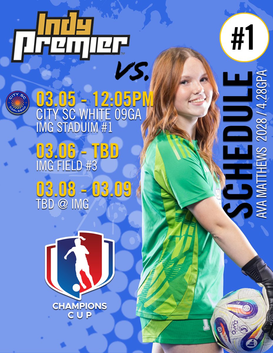AvaMatthewsGK's tweet photo. Looking forward to the Champions Cup Finals at📍IMG Academy | Bradenton, FL! @indypremunited @IndyPremierSC @GAcademyLeague @ImYouthSoccer @ImCollegeSoccer @TheSoccerWire @PrepSoccer @TopDrawerSoccer @soccer_coach @CampShutout @Ascendgka @CGTrojanGSoccer #GAChampionsCup https://t.co/5FQxH2jHFq