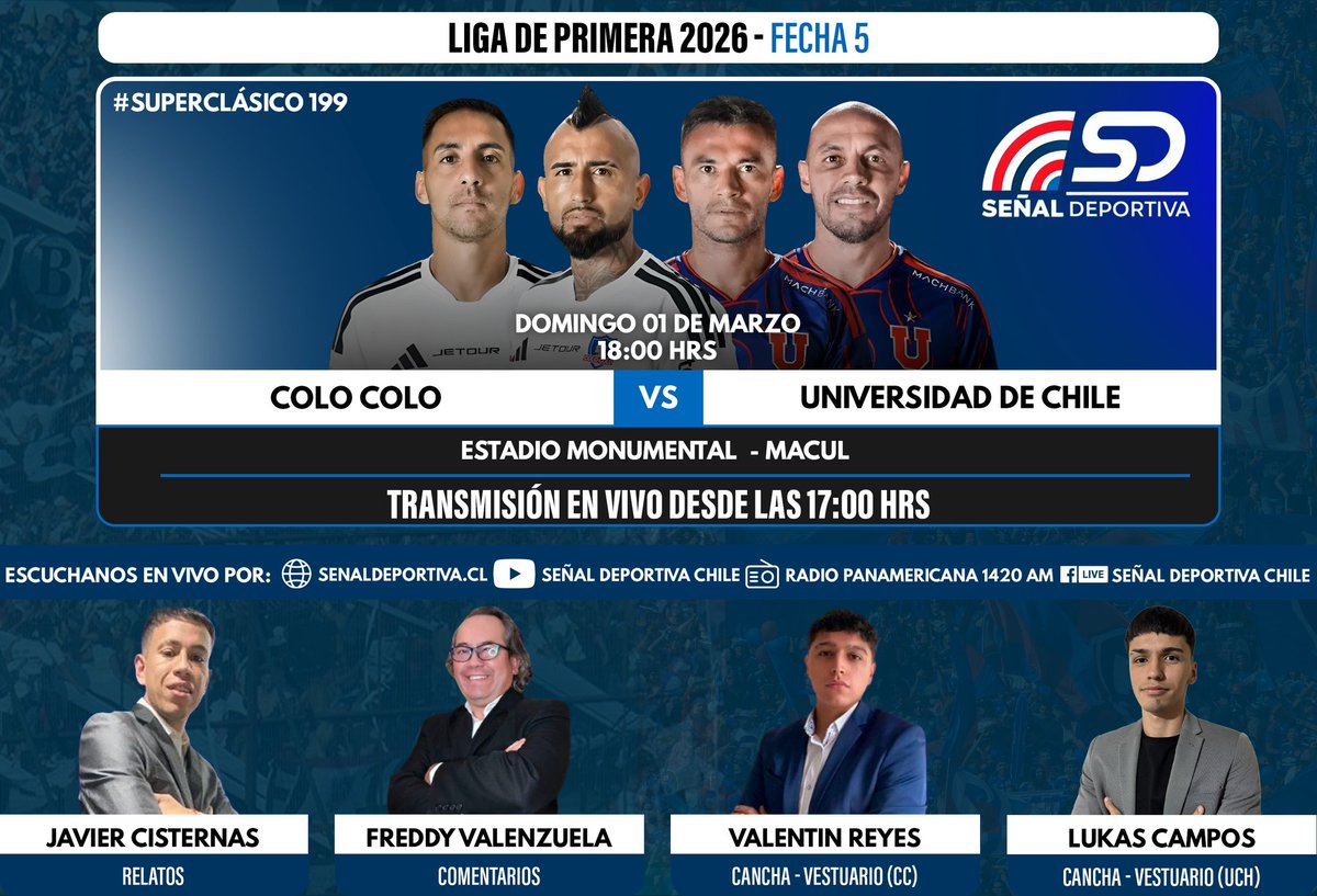 SDEPORTIVA_'s tweet photo. #ligaprimera
#fecha05
#hora :18:00Hrs
#estadiomonumental
@SDEPORTIVA_ Al Aire
@ColoColo
versus
@udechile
🎤Relatos:
@jcisternasc10
🎤Conducción-comentarios :
@FValenzuelaMedo
🎤 Cancha-Vestuario (CC):
#vreyesma
🎤Cancha - Vestuario (UCH):
#Lukascampos https://t.co/RvIGhmdOle