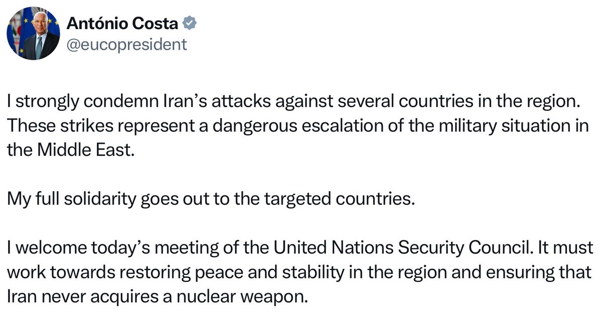 seixasdacosta's tweet photo. É absolutamente lamentável que o X - seguramente por via da censura do seu dono, Elon Musk - tenha eliminado o post em que o presidente do Conselho Europeu seguramente condenou, nos mais veementes termos, o ataque israelo-americano ao Irão, à revelia do Direito Internacional. https://t.co/O18auaieiW