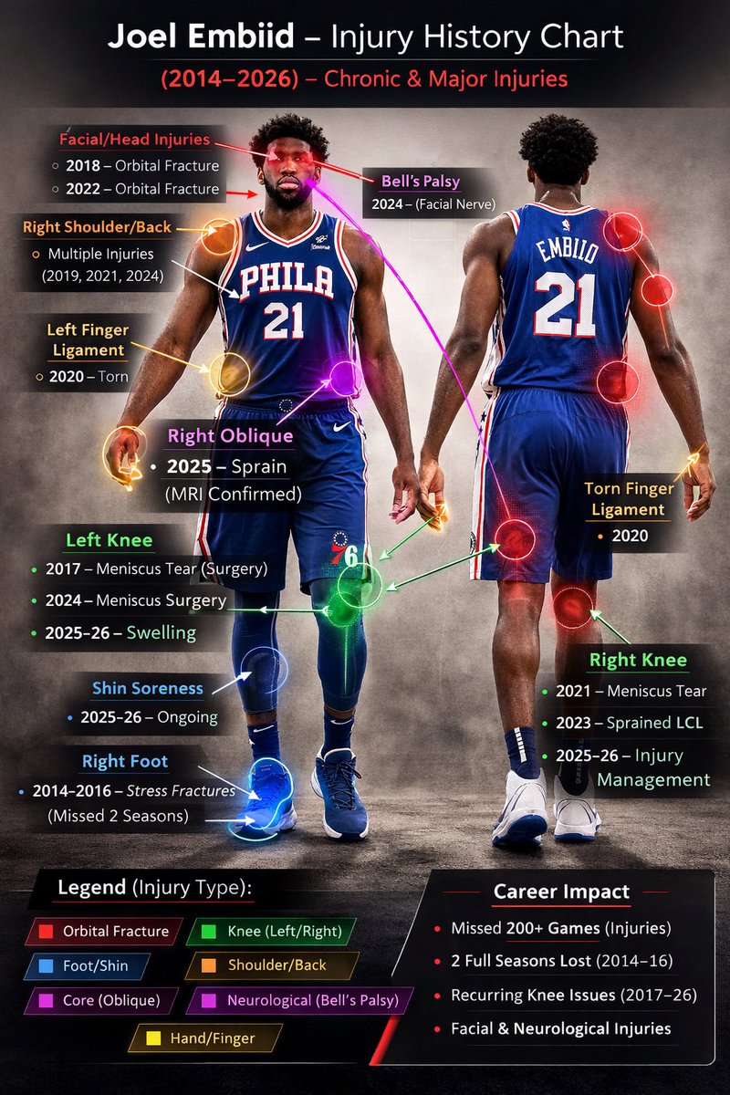 BleavIn76ers's tweet photo. Went ahead &amp; made my own Joel Embiid all-time injury chart, this is wild. When you see it like this, it gives you perspective what this man has put his body through for us as fans. Dude is a warrior. @DrewHanlen @JoelEmbiid https://t.co/HwYREHJeK9