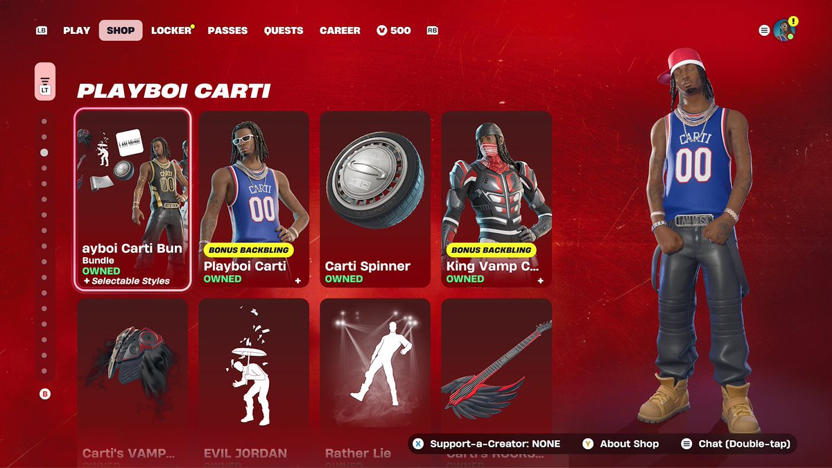 CartixFortnite's tweet photo. PLAYBOI CARTI HAS OFFICIALLY MADE HIS FIRST EVER RETURN TO THE ITEM SHOP!!! 🖤🖤 #Fortnite @Fortnite #PlayboiCarti @playboicarti #FNxPBC https://t.co/H4IWv1NQBT