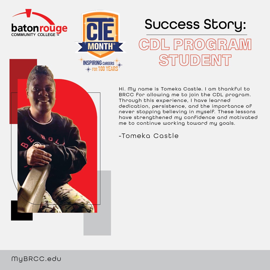 MyBRCC's tweet image. #CTEMonth spotlight: BRCC student Tomeka Castle is thriving in the CDL program as she pursues a new career path.