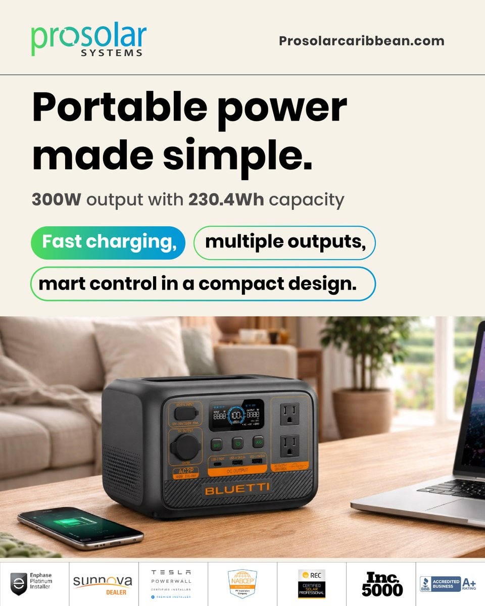 ProSolarAmerica's tweet image. Fast charging. Multiple outputs. Easy control. No noise. No fumes.

Visit prosolarcaribbean.com to learn more.

#BluettiAC2P #PortablePower #OffGridLiving #ProSolarCaribbean #CaribbeanSolar #EnergyIndependence #CleanPower #SolarLife #TechOnTheGo