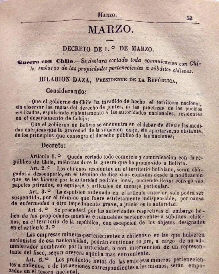 Bolivia declaró la guerra a #Chile el día 1 de marzo de 1879 en el marco de la Guerra del Pacifico. En tanto nuestro pais  declaró la guerra a los aliados Perú y Bolivia el 5 de abril de 1879.