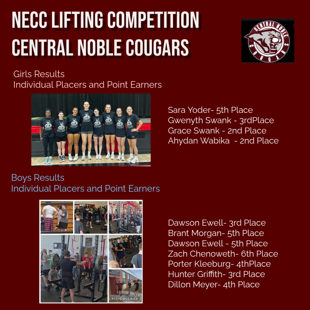 CoachG_Strength's tweet photo. ✅ NECC Lifting Competition Results for Central Noble

🥉 Girls adding a Top 3 Team Finish 

🔥 Great job to our boys and girls Strength Programs! https://t.co/oWpmAYjksB