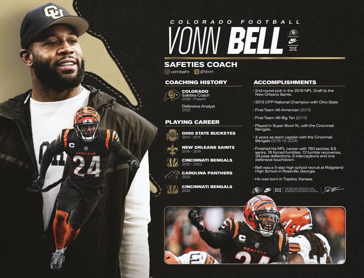Veteran safety Vonn Bell — who played for the Saints, Panthers, and Bengals — is starting his coaching career and has been hired by Deion Sanders to be the safeties coach at Colorado.
