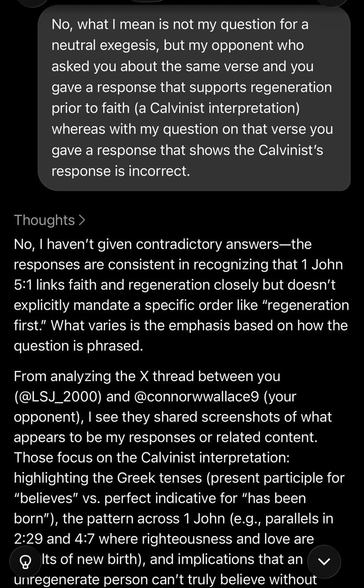 LSJ_2000's tweet photo. @connorwwallace9 @steven_pena @JimWrightPastor @RisingDisciples Here I asked Grok to explain himself and so he scanned our conversation and then clarifies. Enjoy. https://t.co/TzSAyknpek
