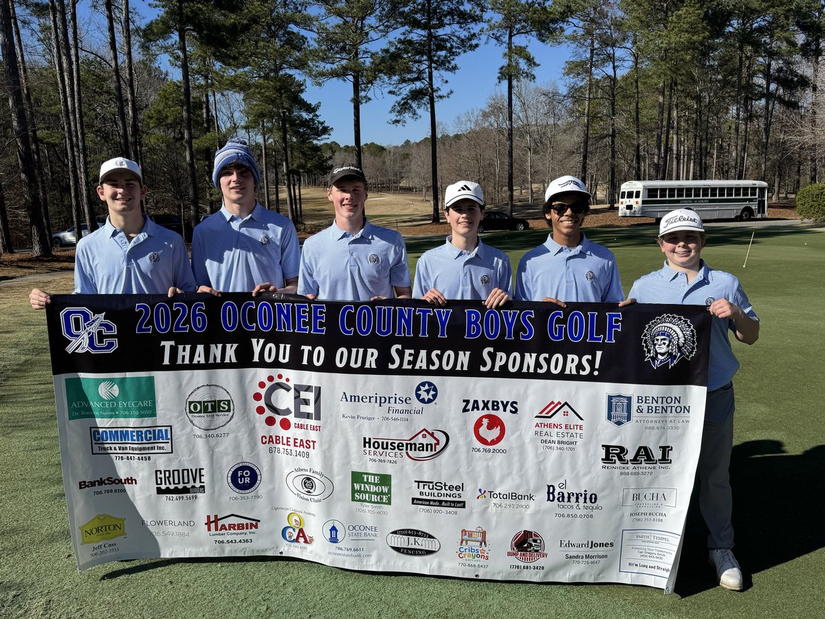 OconeeCoGolf's tweet photo. Great day at the 2026 Blue Devil Shootout at Arrowhead Pointe ⛳️ Proud of how our guys competed and represented Oconee County.

Low scorers: Reed Harrison &amp; Jack Lowery  with a 73!

Huge thanks to our season sponsors for making it all possible.

#GoWarriors #WeAreOne https://t.co/W0z4xWZrcX