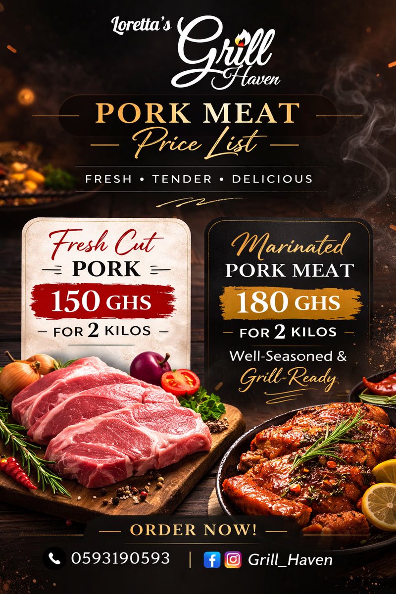 Grill_Haven's tweet photo. No stress. No extra seasoning. No wahala. 🔥🐷

Our pork is WELL MARINATED 👌
All you have to do is:
➡ Toss it in your air fryer
➡ Fry it
➡ Grill it
➡ Cook it however you like

2KG Fresh – 150GHS
2KG Marinated – 180GHS

Call/WhatsApp: 0593190593
#GrillHaven #EasyCooking #pork https://t.co/XprGwoEAZ4
