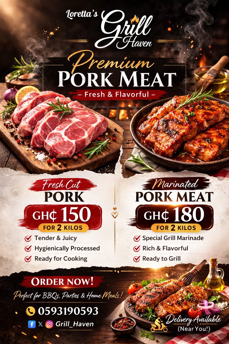 Grill_Haven's tweet photo. No stress. No extra seasoning. No wahala. 🔥🐷

Our pork is WELL MARINATED 👌
All you have to do is:
➡ Toss it in your air fryer
➡ Fry it
➡ Grill it
➡ Cook it however you like

2KG Fresh – 150GHS
2KG Marinated – 180GHS

Call/WhatsApp: 0593190593
#GrillHaven #EasyCooking #pork https://t.co/XprGwoEAZ4