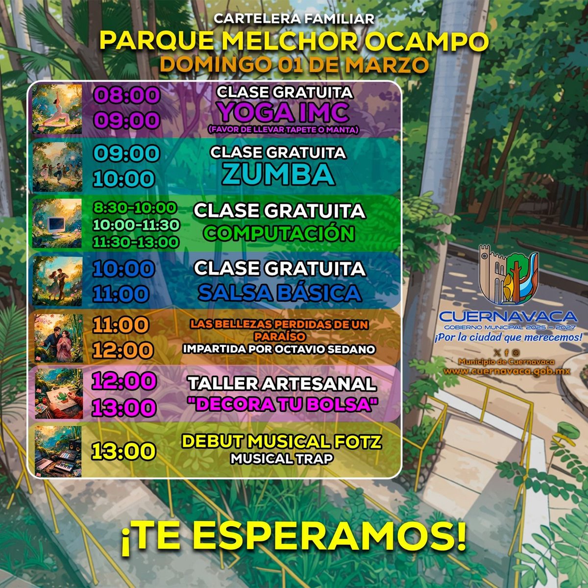 🌳 Este domingo 01 de marzo, ¡Vamos al Melchor! 

El Ayuntamiento de Cuernavaca te espera con actividades para todas las edades en el Parque Melchor Ocampo 🎉

🎶 Cultura
🎨 Actividades recreativas
🌿 Naturaleza y convivencia

¡No faltes! 💫

#Cuernavaca #VamosAlMelchor