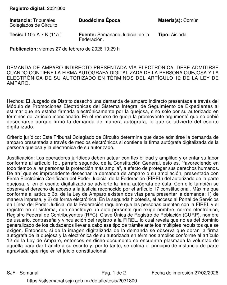 Registro 2031800: admitir amparo con firma autógrafa digitalizada.
No es innovación, es sentido común.
El problema no es la ley: es la burocracia que desecha por formalismos para no entrar al fondo.
Cuando el trámite vale más que el derecho, no hay justicia.