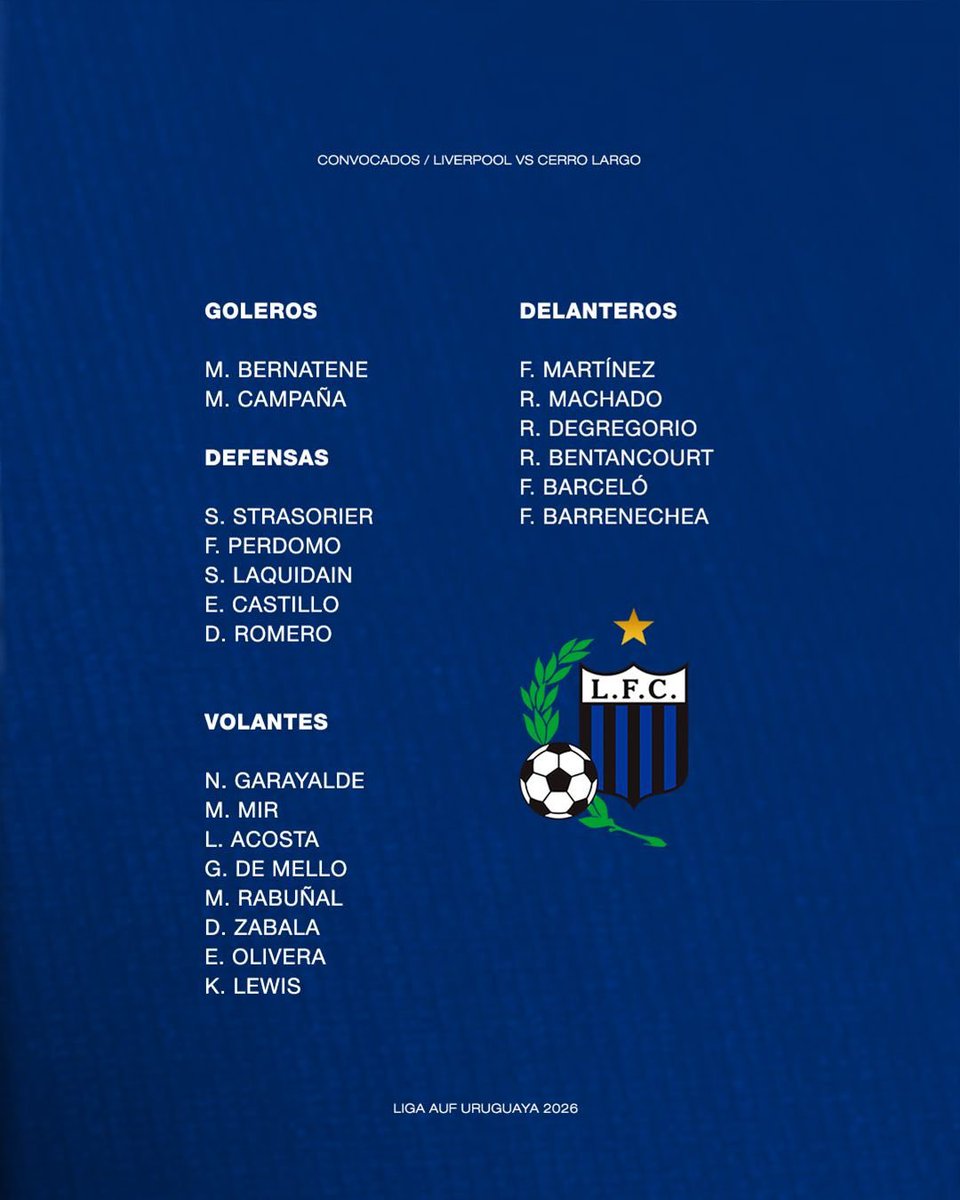 serneimdeportes's tweet image. #serneimdeportes | #auf | #Fecha4 | #Apertura2026 | #TorneoApertura2026 | #TorneoApertura | #FábricaDeTalentos | #LiverpoolFC

🎙️Noticias 🗞️ 📰 🇺🇾

💥 Liga AUF Uruguaya 🇺🇾

➡️ Torneo Apertura 2⃣0⃣2⃣6⃣🏆 |  Fecha 4⃣

📋Convocatoria confirmada | Liverpool FC