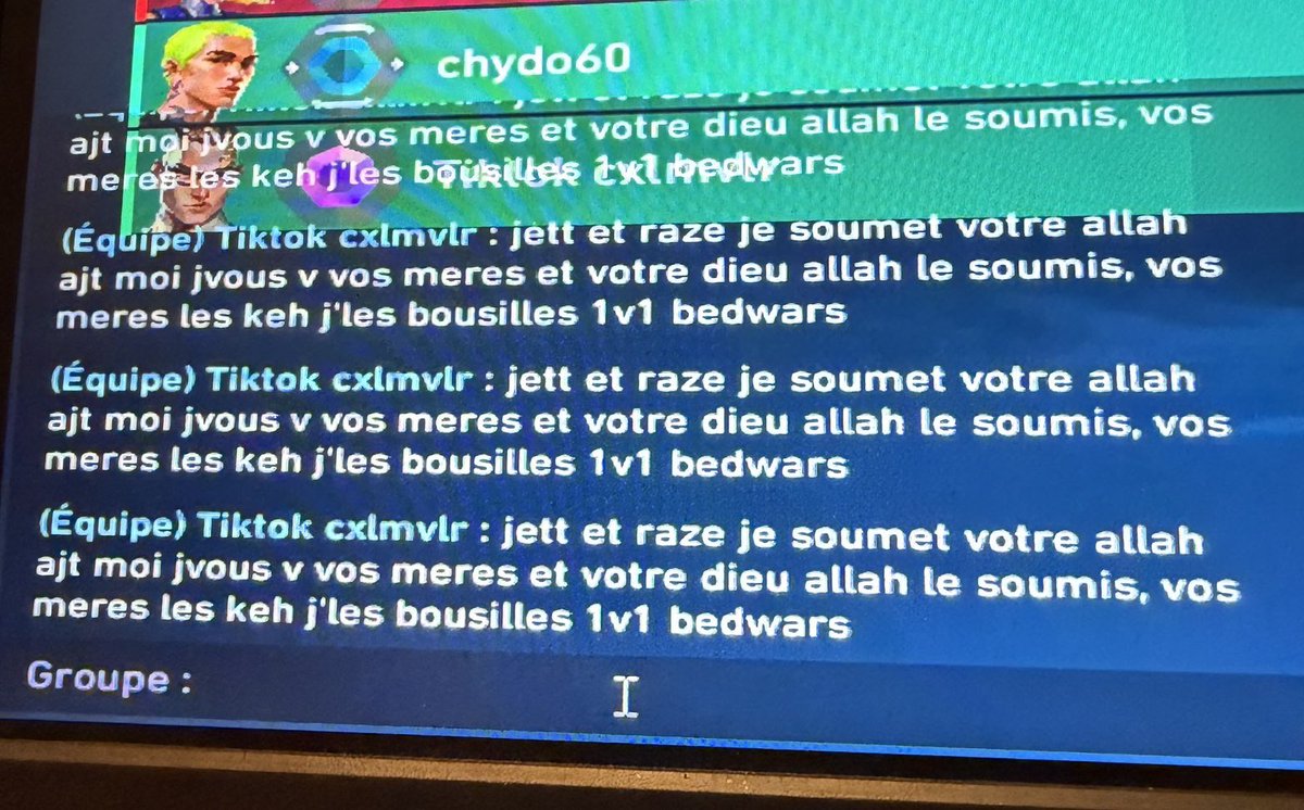 adk75_'s tweet photo. @RiotSupportFR Ce n’est absolument pas normal ce que j’ai subi sur Valorant Pendant une game un joueur a commencé à tenir des propos haineux et à insulter une religion 

Son ID: Tiktok cxlmvld#TKTK

Ce comportement n’a rien à faire  la J’aimerais que cette personne soit bannie https://t.co/CoKRj8gnaY