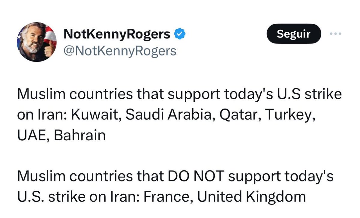 Países muçulmanos que apoiam o ataque de hoje dos EUA contra o Irã: Kuwait, Arábia Saudita, Qatar, Turquia, Emirados Árabes, Bahrein.

Países muçulmanos que NÃO APOIAM o ataque de hoje dos EUA contra o Irã: França, Reino Unido.