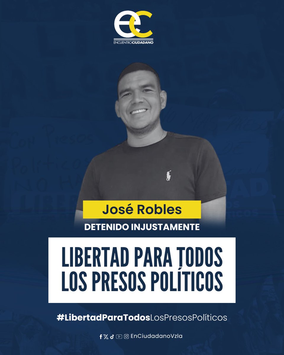 EnCiudadanoVzla's tweet photo. José Robles, sociólogo y asistente veterinario, se encuentra injustamente detenido.

Exigimos su libertad inmediata y el respeto al debido proceso. Ningún ciudadano debe ser privado de su libertad por motivos políticos ni por ejercer sus derechos de pensamiento y participación.

Alzamos la voz por José Robles y por todos los presos políticos en Venezuela. La justicia y la libertad no pueden seguir esperando.