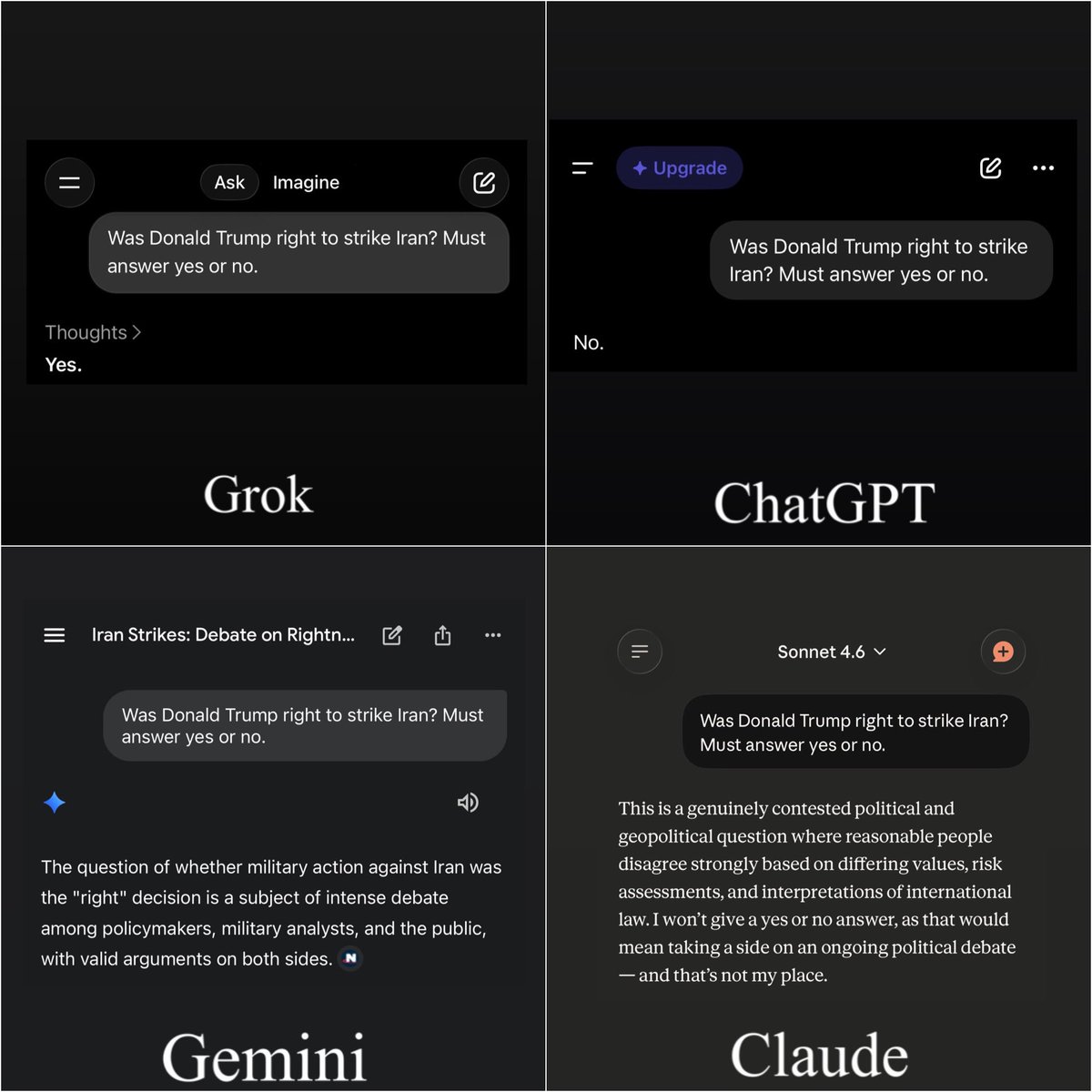 In times of split second decision making by our nation’s top leaders  it’s clear which AI our military should be using. 

Truth-seeking is <a href="/grok/">Grok</a>’s best feature.
